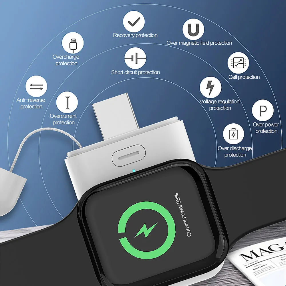 Small white 1000mAh wireless magnetic portable charger for Apple Watch next to its micro USB cable.