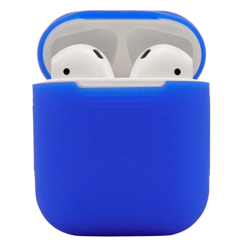 Silicone protective case for Apple AirPods shown in multiple colours, with dimensions 56mm by 47mm.