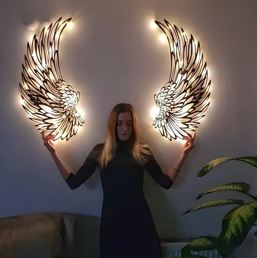 Carved metal wall decor art with light in angel wings shape, black iron, double-sided finish