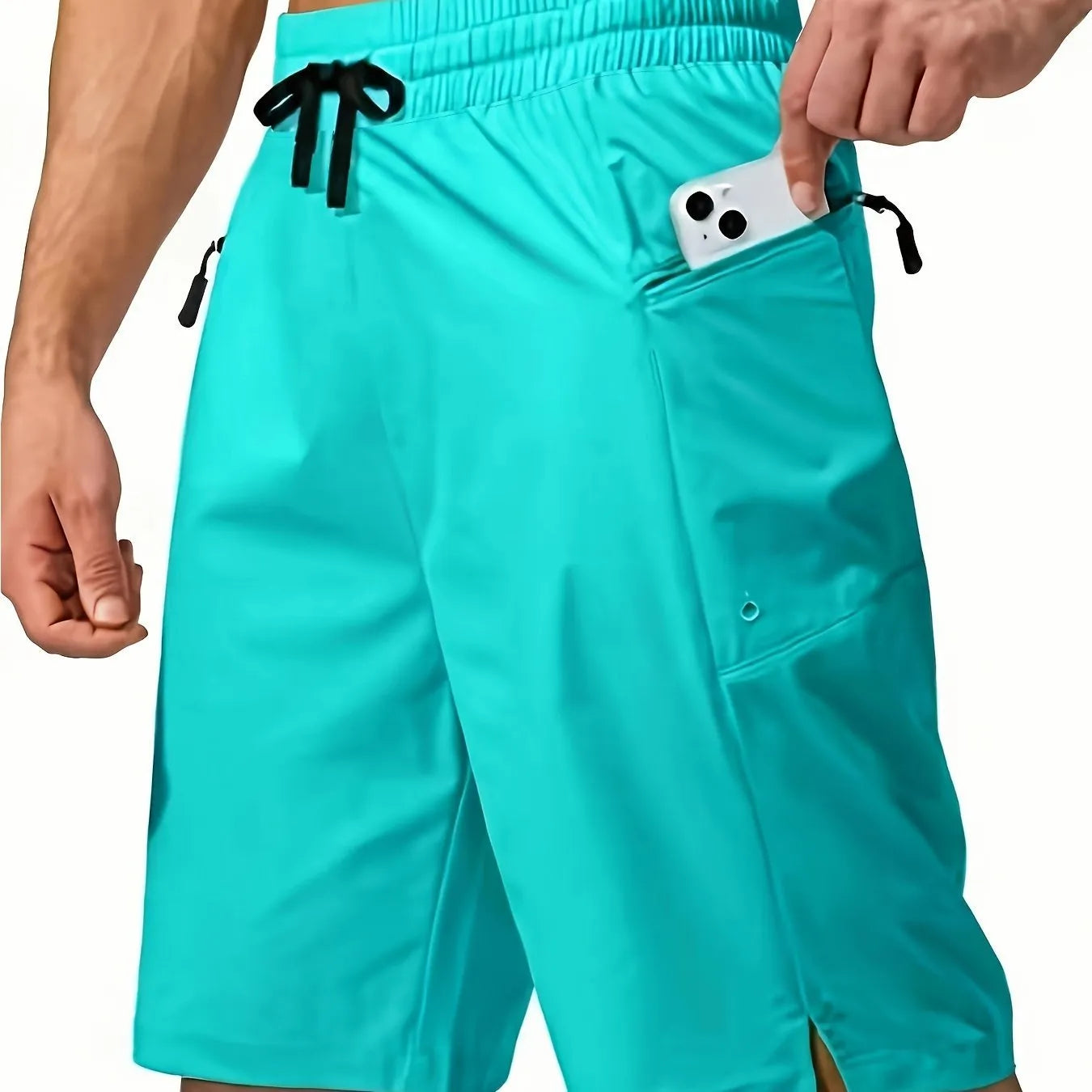 Men's quick-dry polyester beach shorts shown in multiple colour options with straight leg cut.