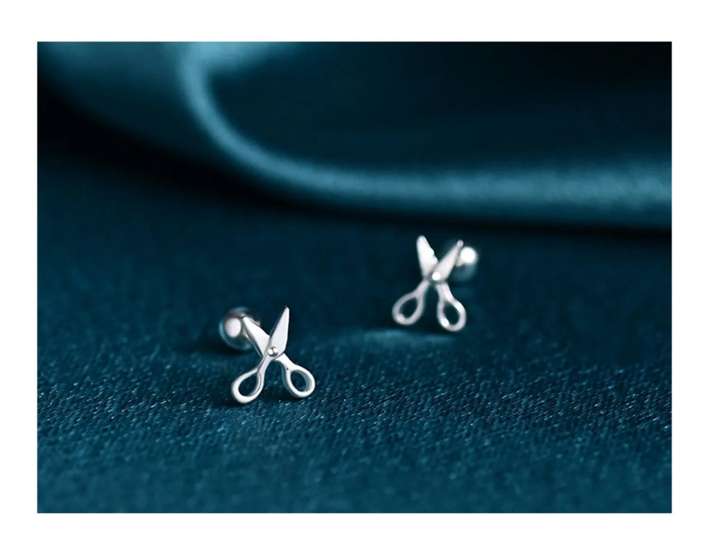S999 pure silver screw style ear nail earrings with mini scissors screws decorative detail