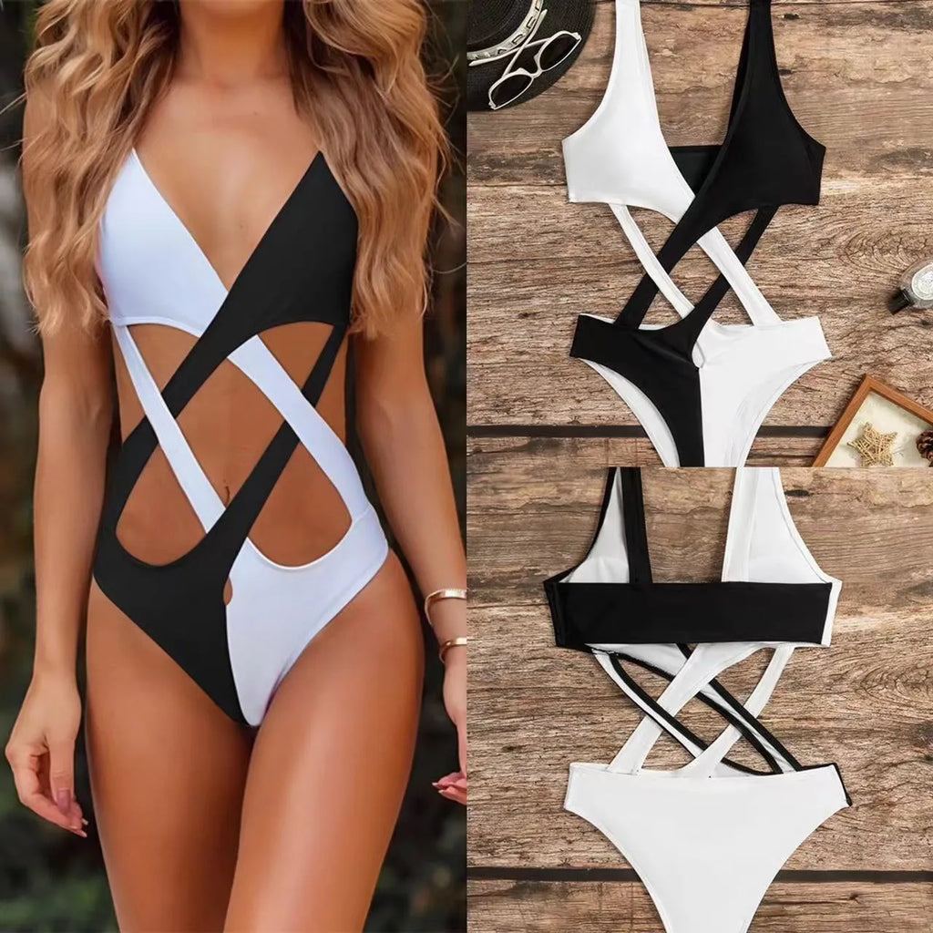 White women's one-piece swimsuit with colour block design and hollow out detail