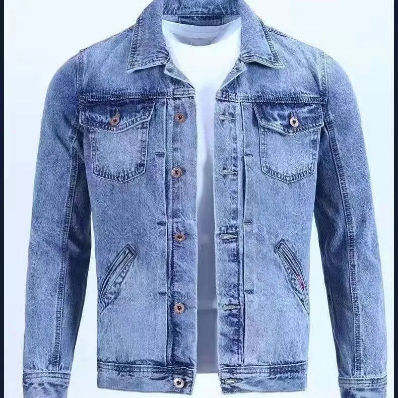 Korean slim fit denim workwear jacket in black gray with conventional sleeves and straight hem