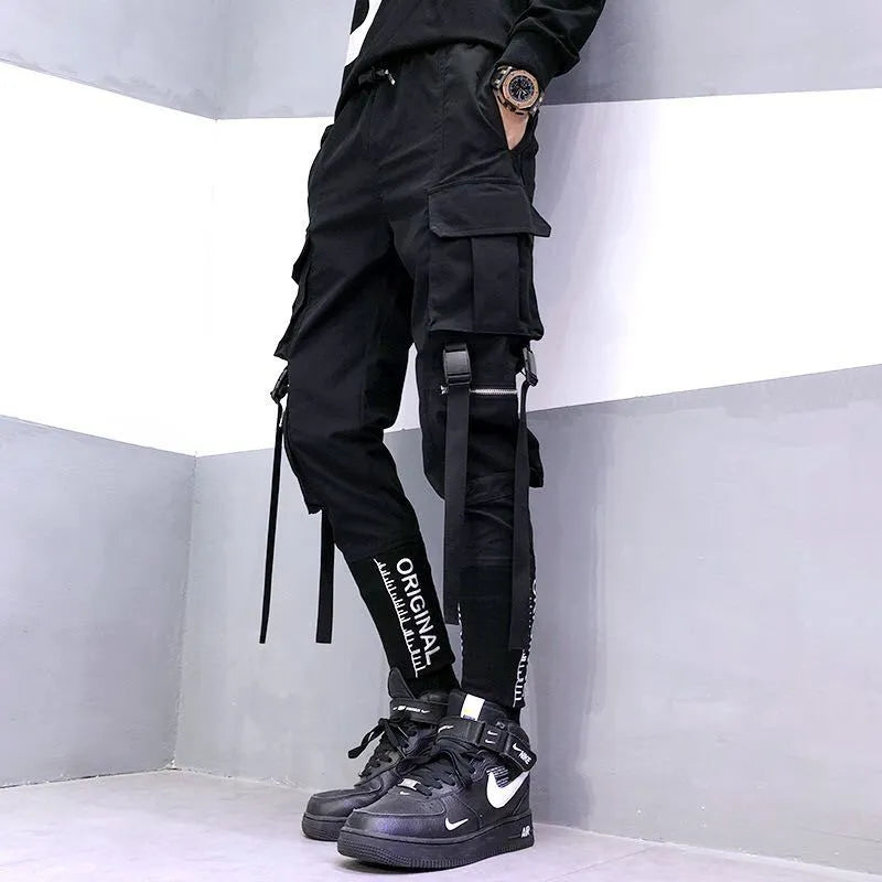 High-end cargo pants with embroidery for men, loose fit, nine-tenths length, mid-waist, black colour option