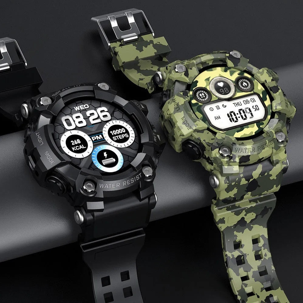 T6 Tactical Rugged Smart Watch in Black or Green with 1.3-inch touch screen on wrist.