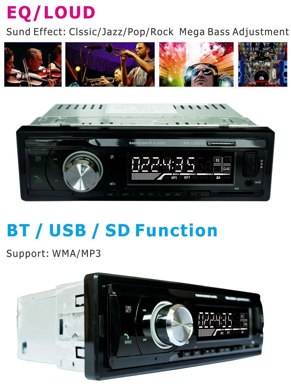 Car stereo Bluetooth FM MP3 receiver with USB and SD card slots, remote control, measuring 178x50x115mm