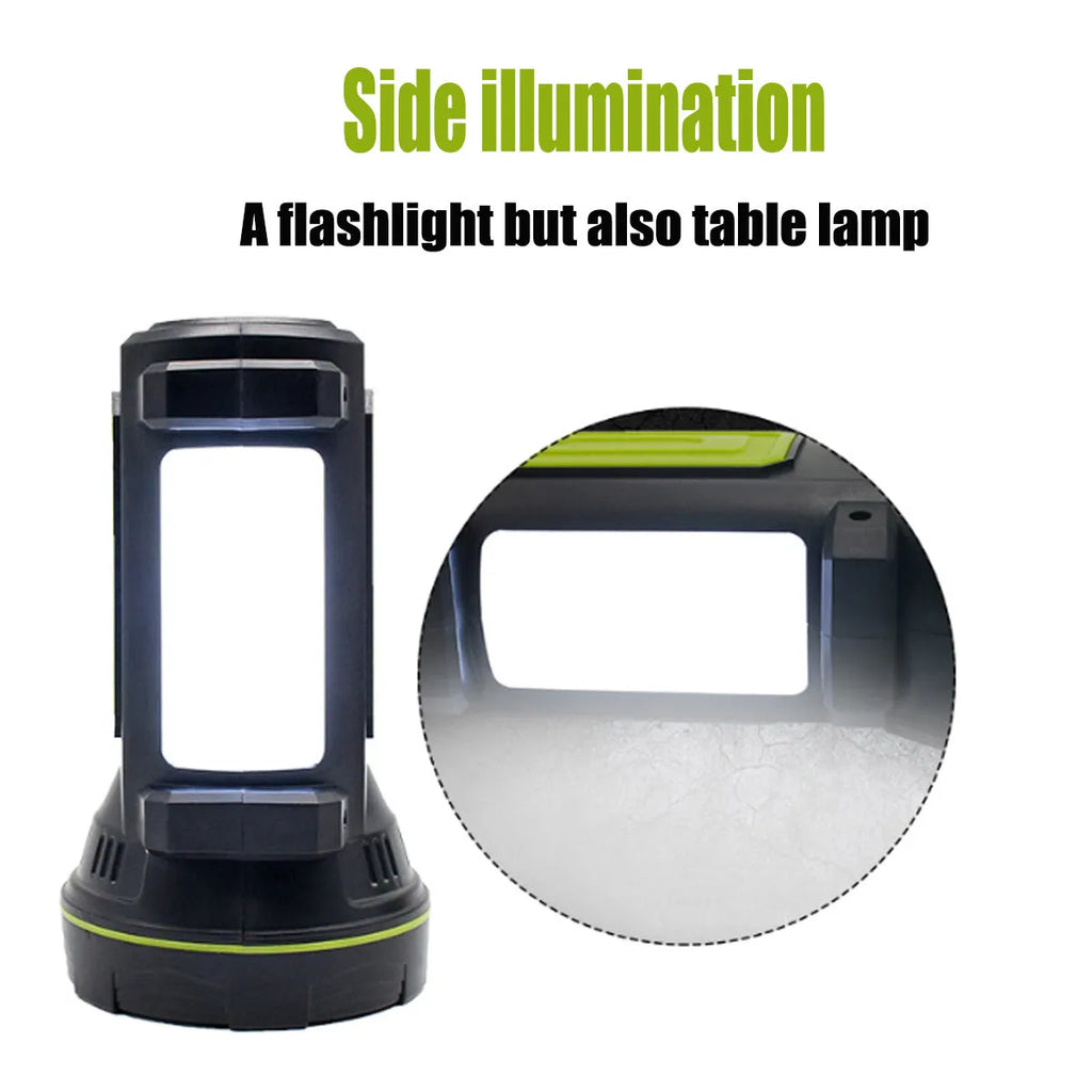 Green USB-rechargeable LED flashlight with dual-mode light function on a table.