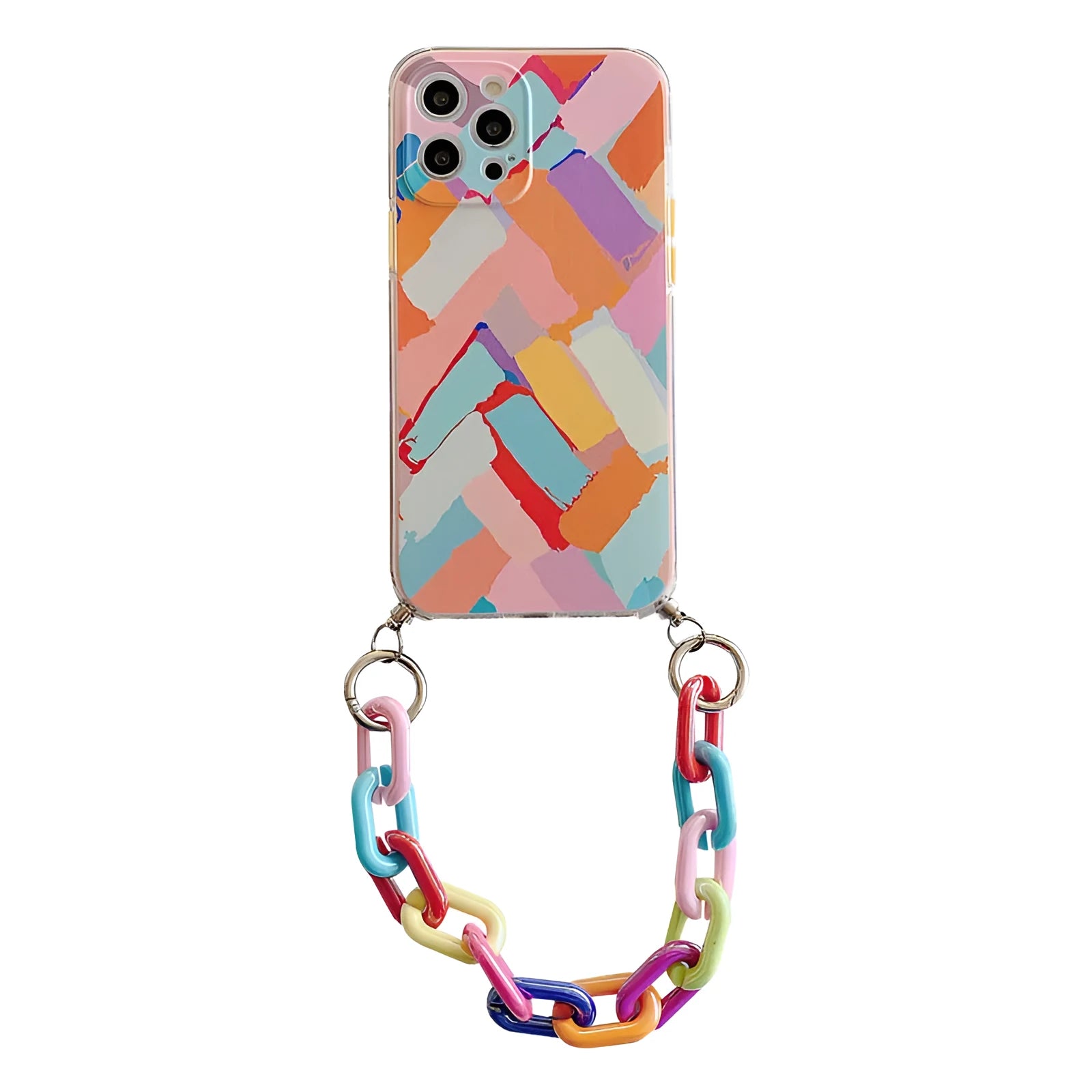 Graffiti design mobile phone case with bracelet strap attached, shown fitting iPhone model