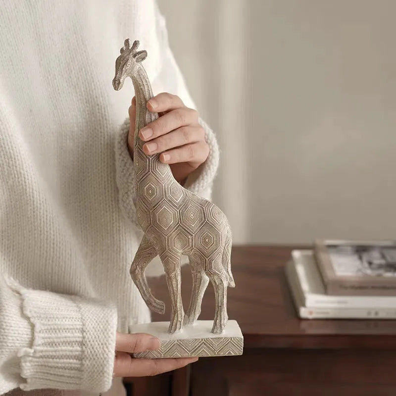 Wood colour synthetic resin giraffe ornament for shelf decoration, 30.5 cm tall.