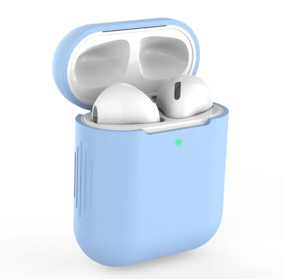 Silicone protective case for Apple AirPods shown in multiple colours, with dimensions 56mm by 47mm.
