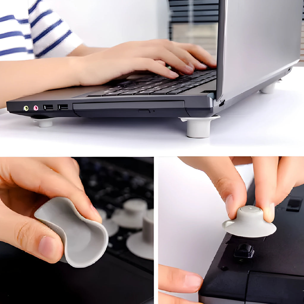 Four grey durable plastic laptop cooling pads, two large and two small, on a wooden desk