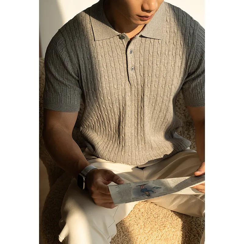 Men's khaki short sleeve business top made from a polyester nylon acrylic wool blend fabric.