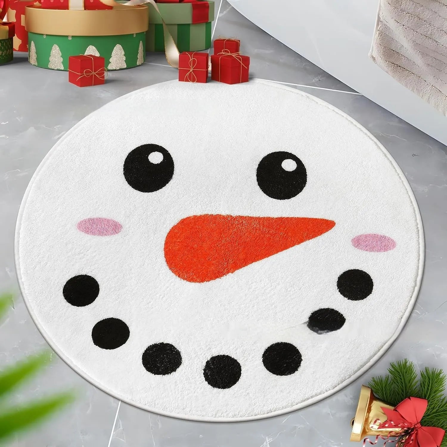 Christmas printed polyester carpet with festive design in square shape on wooden floor