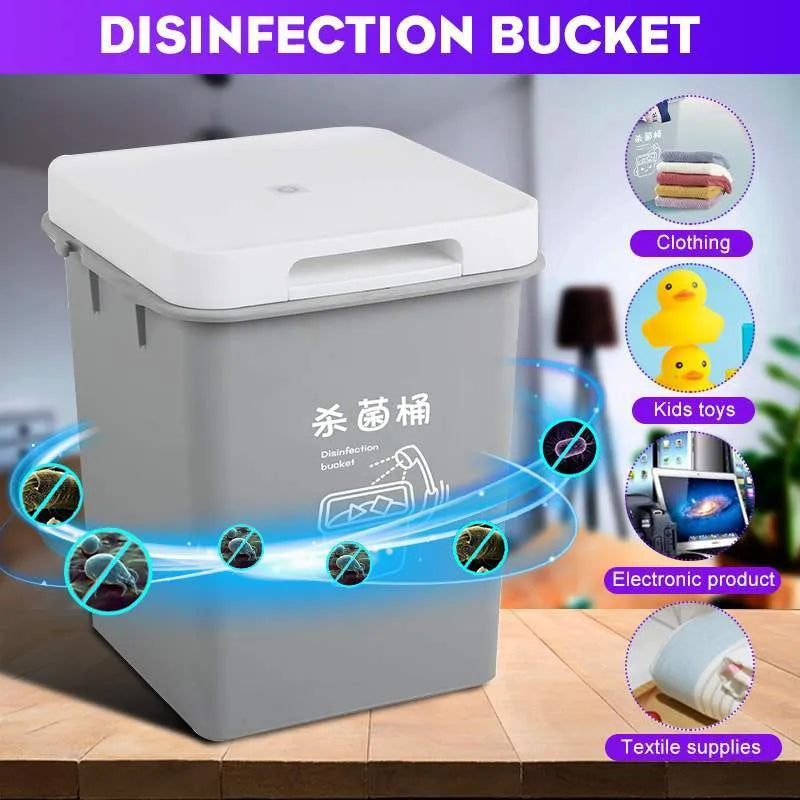 Grey UV sterilisation cabinet with 4L capacity and USB power, showing interior with phone and mask inside