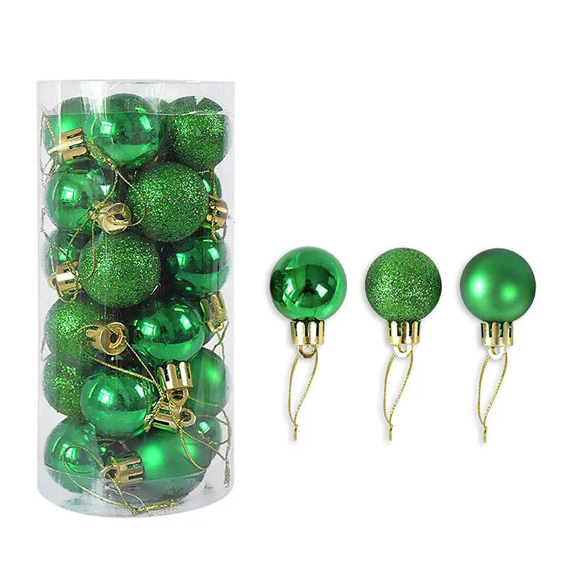 Assorted shiny red, gold, silver, and blue 3 cm Christmas baubles in a box and a storage barrel.