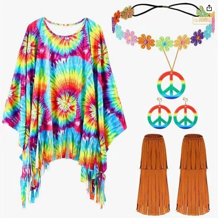 Person wearing a vibrant multi-colour tie-dye cloak with flared bell sleeves, showcasing the irregular print pattern.