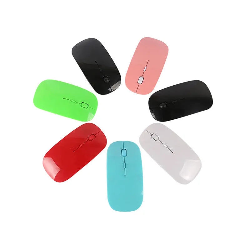 Wireless computer mouse in one of six colours: black, blue, green, pink, red, or white, with USB receiver