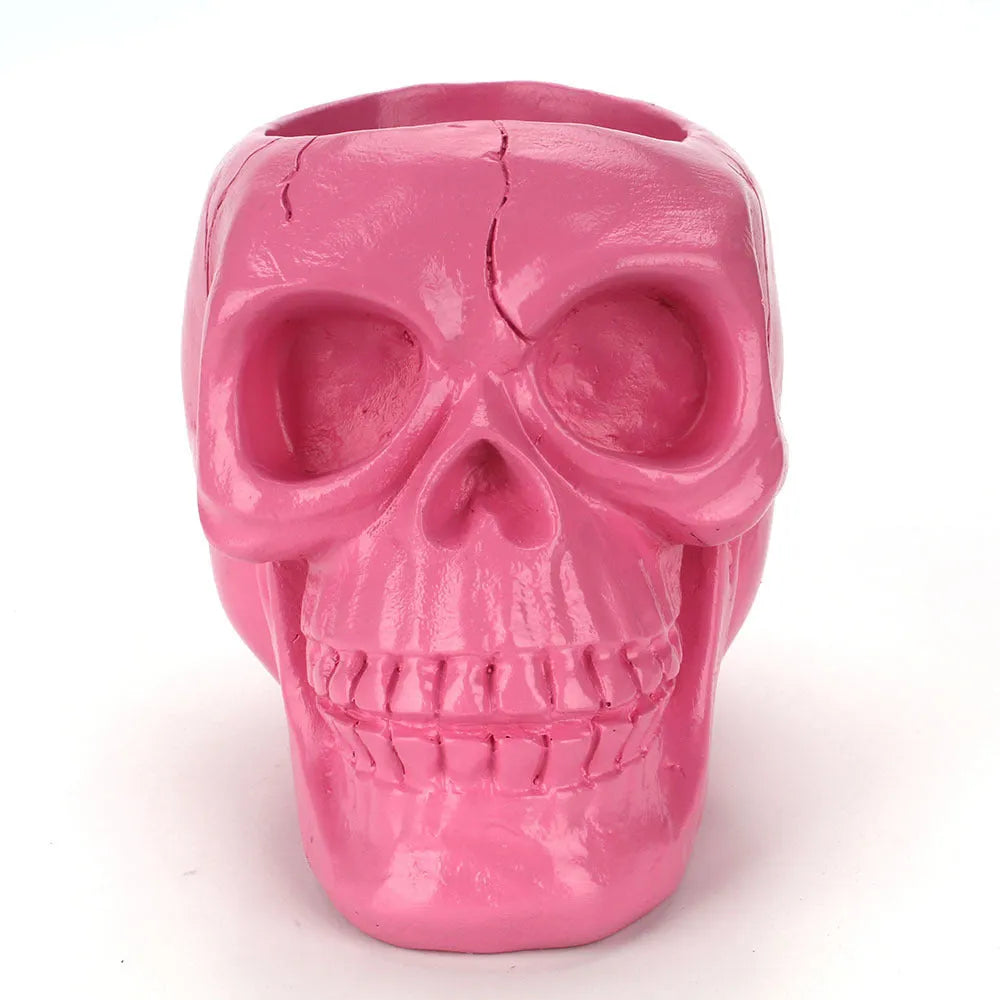 Black skull head resin storage tube with open top, 350ml capacity, for beauty tools or stationery