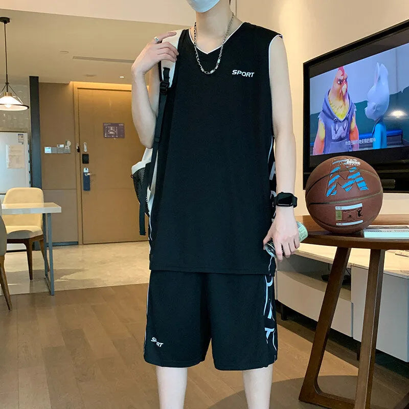 Men's thin polyester basketball sports suit with sleeveless vest and matching shorts
