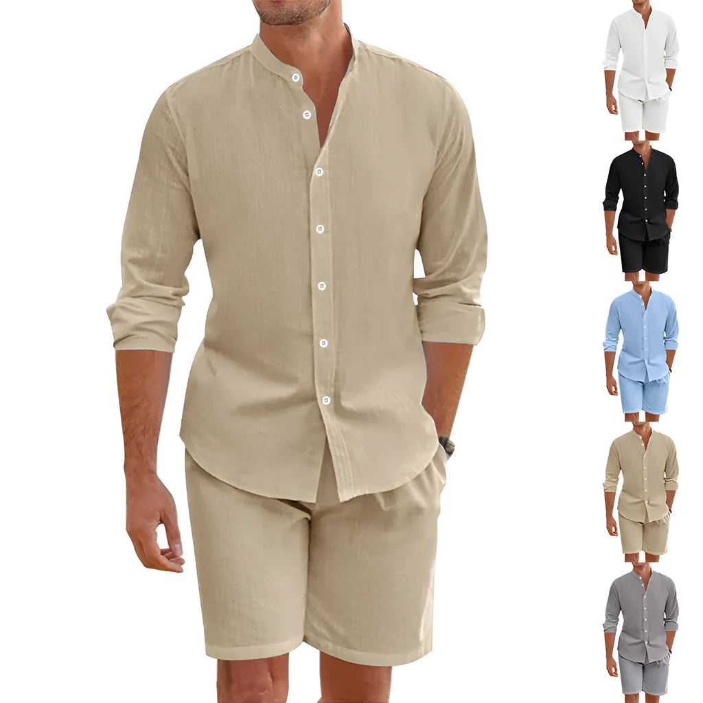 Men's dark gray linen-blend short sleeve shirt and matching drawstring shorts set for summer