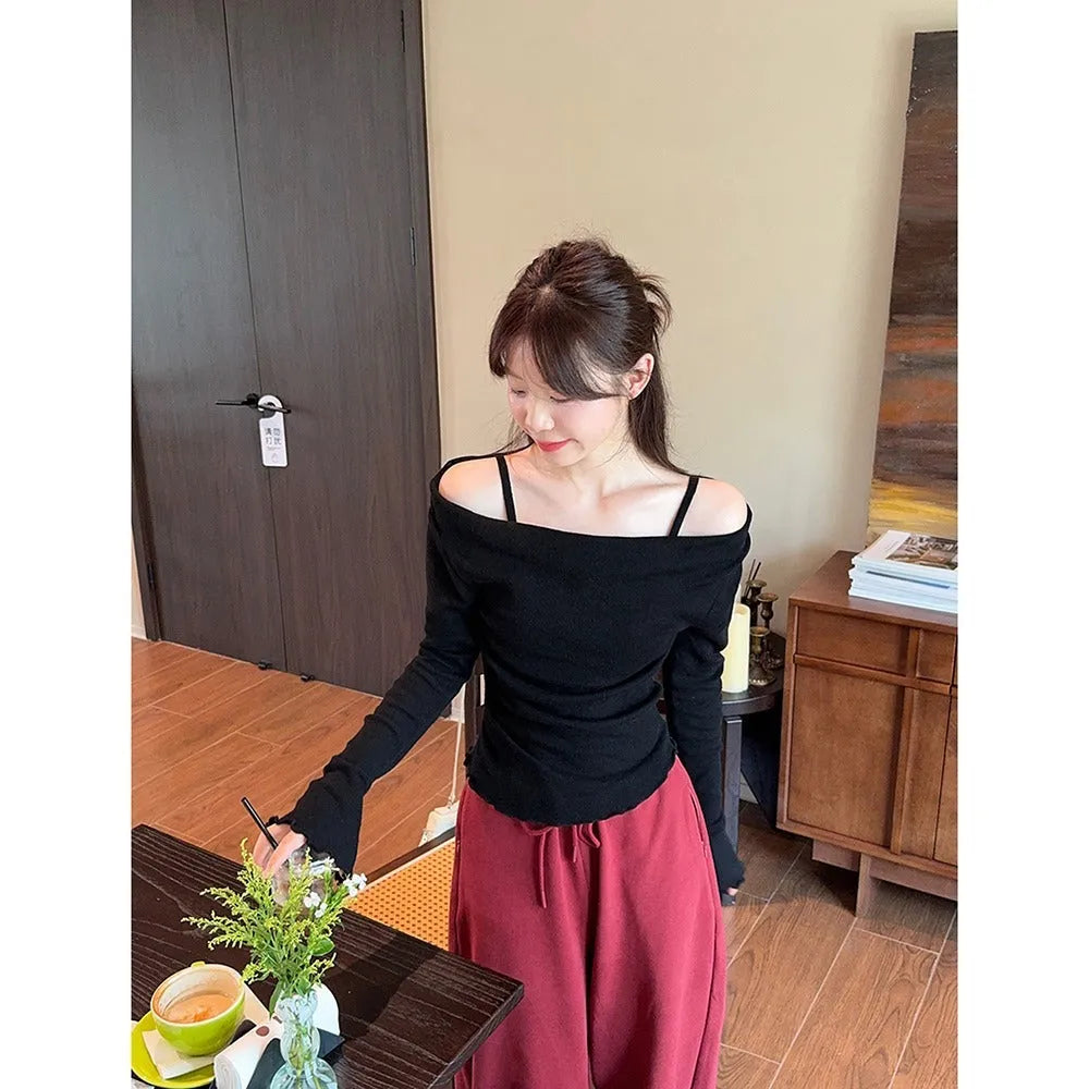 Fashion fake two-piece off-shoulder long sleeve top in polyester with patchwork and ruffles, available in multiple colours