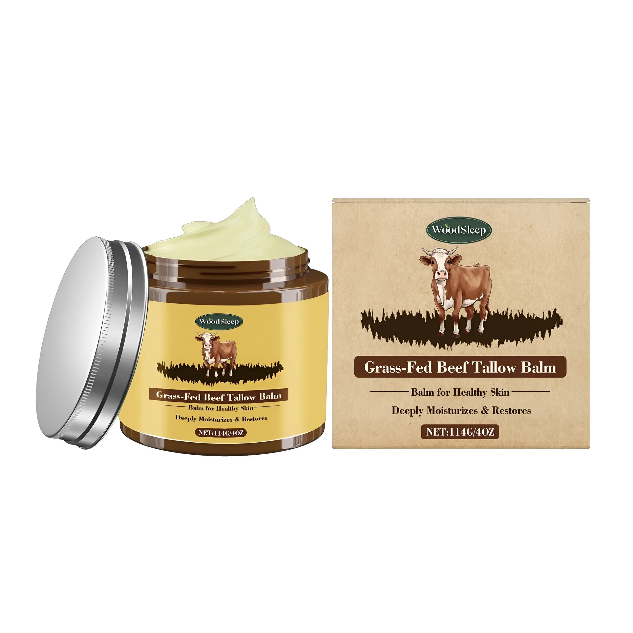 114g jar of cow fat skin care cream with glycerin, honey, and olive oil.