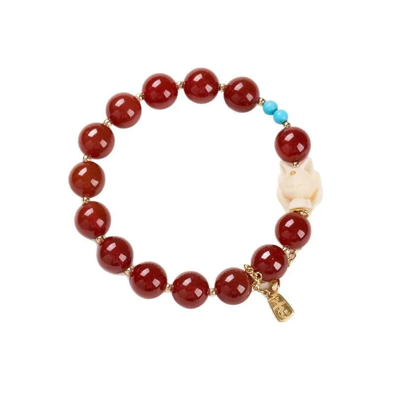 Red agate and ivory nut bracelet with 10mm beads and Fengjiu design in retro style