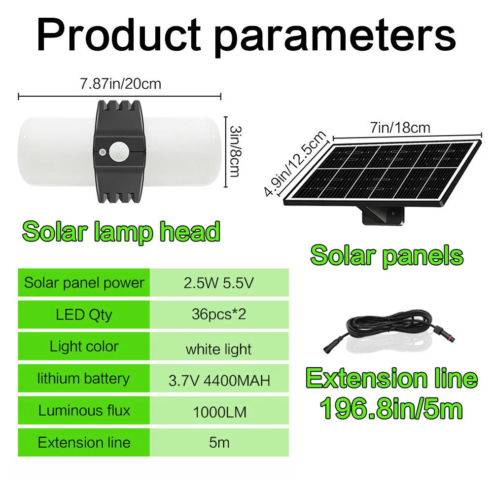 Black outdoor solar floodlight with motion sensor and solar panel on wall bracket