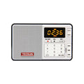 Tecsun Q3 digital audio player in multiple colours showing front display and control buttons.