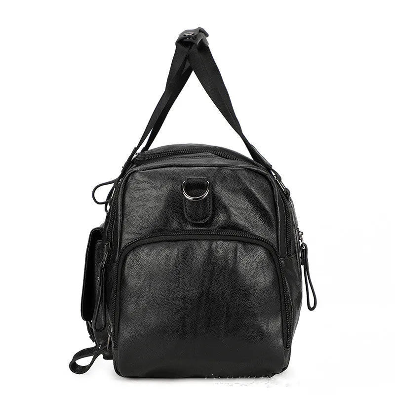 Large black travel holdall with a separate zippered shoe compartment at one end.