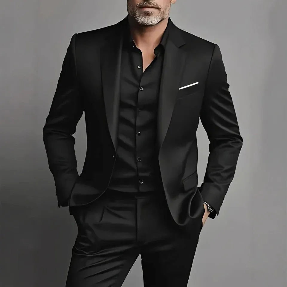 Men's slim fit two-piece suit set in black cotton blend with coat and trousers