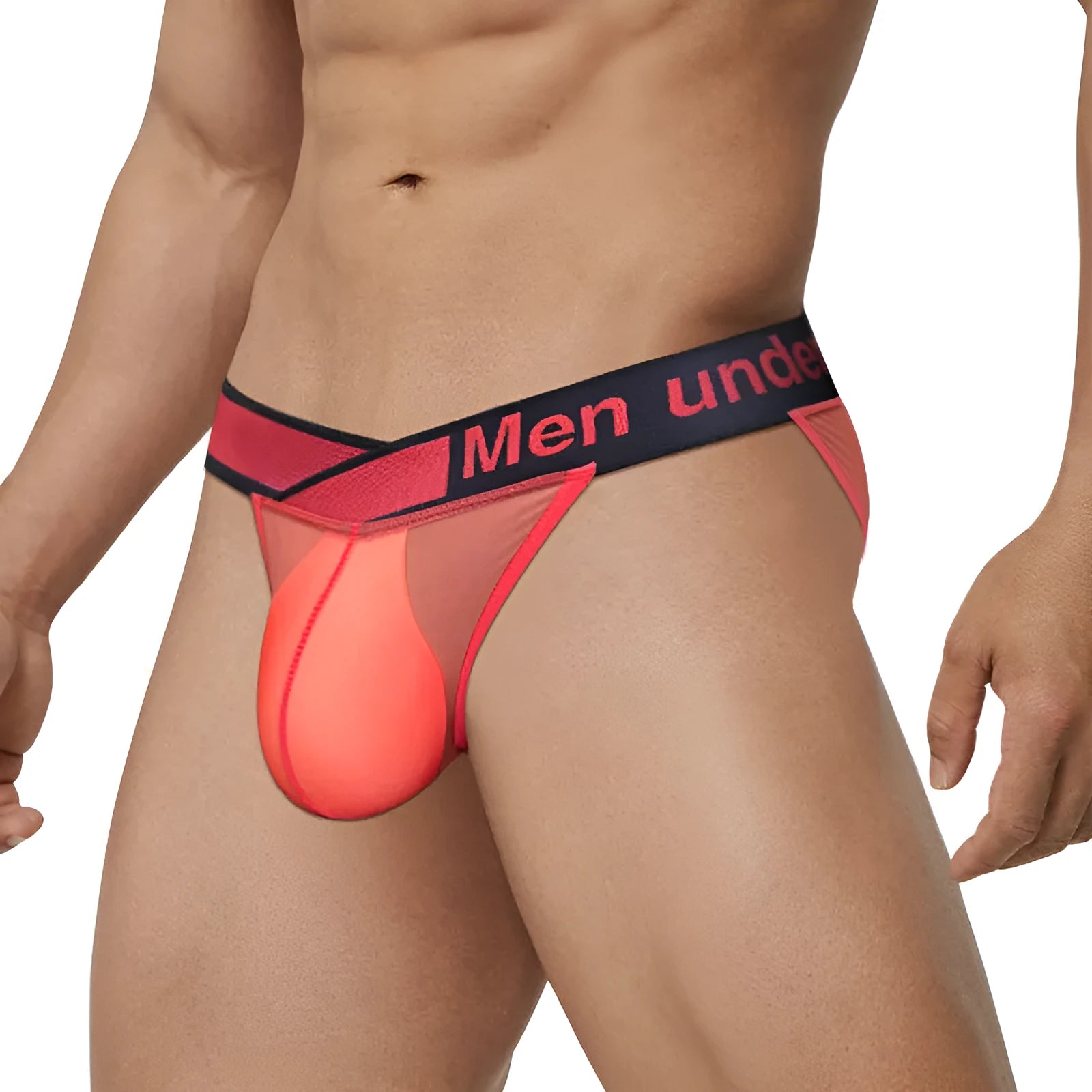 Men's transparent ice silk briefs in red, featuring a low waist and large V gradient design.