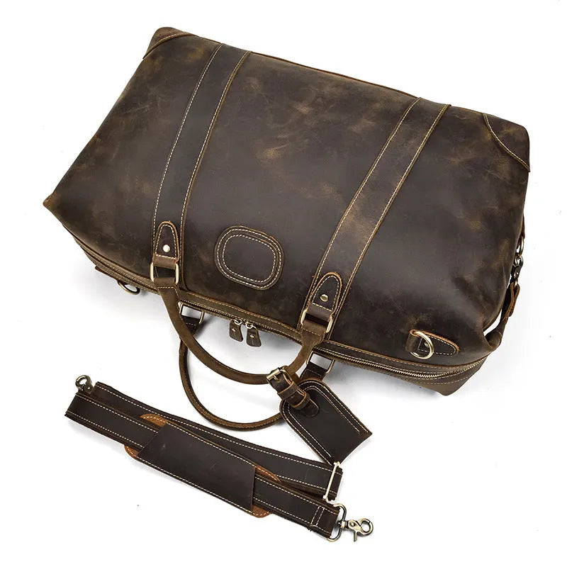 Crazy horse leather large capacity luggage bag in dark brown, 45cm length, with first layer cowhide construction