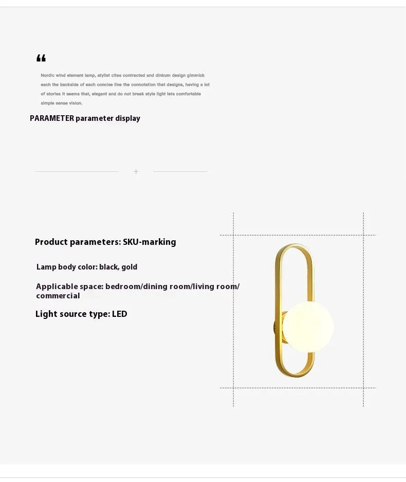 Modern minimalist wall lamp with glass shade and iron mount in black or gold finish