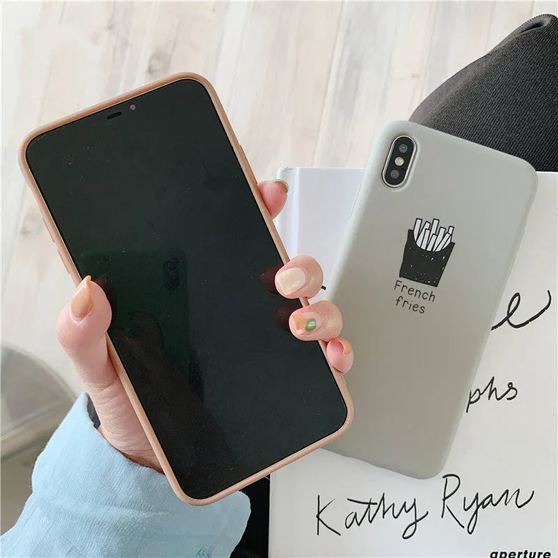 Soft matte silicone iPhone case showing cute ice coffee and french fries couple patterns.