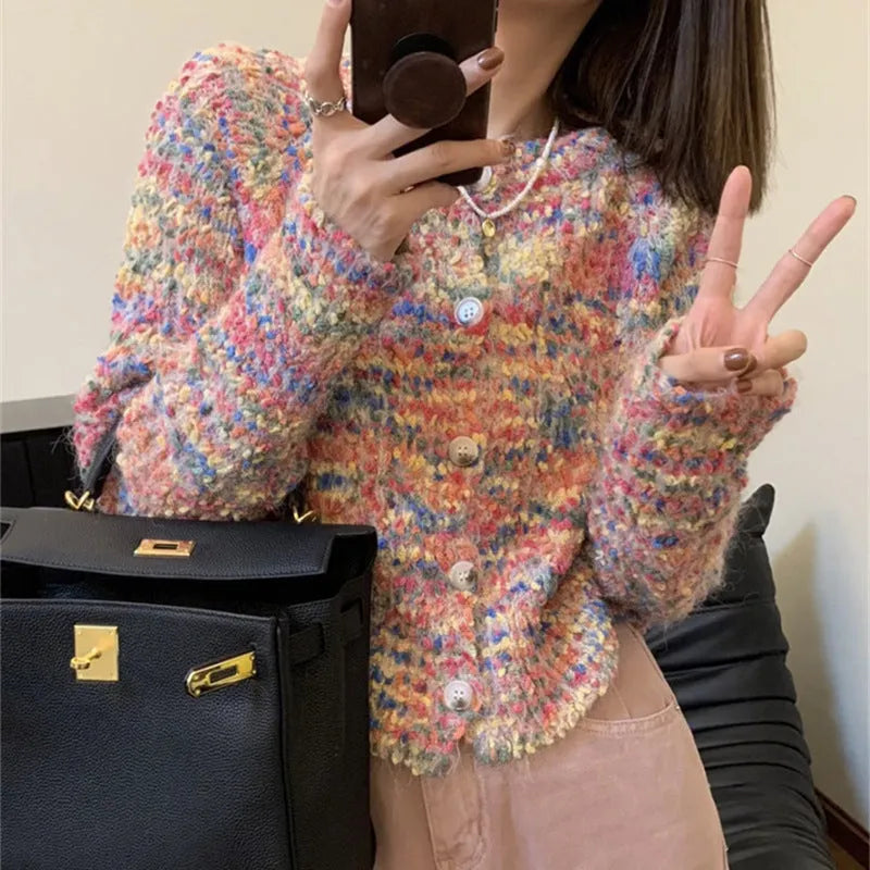 Retro slim fit knitted cardigan sweater in pink and green ice cream colours.