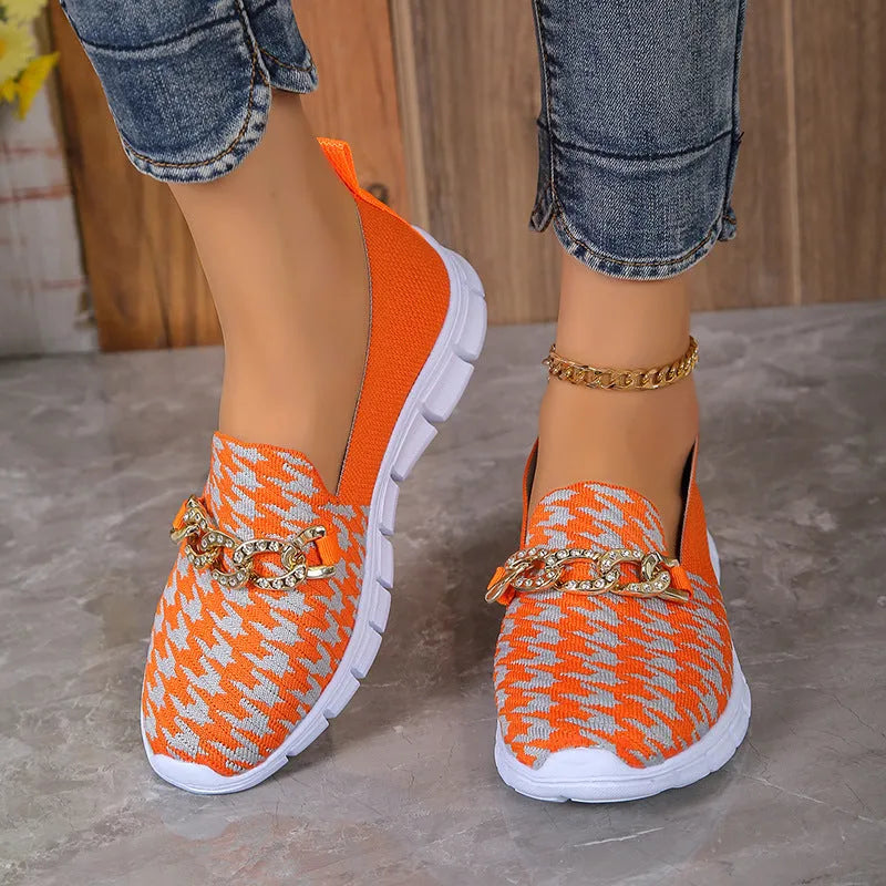 Casual houndstooth print chain mesh shoes for women, breathable round toe loafers with platform heel, rubber sole - orange red and white colours