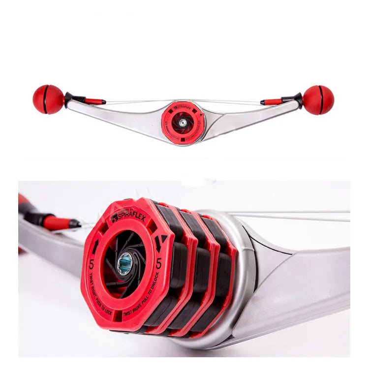Red sports full-body arm trainer with adjustable weight clasp and snap rings on a white background