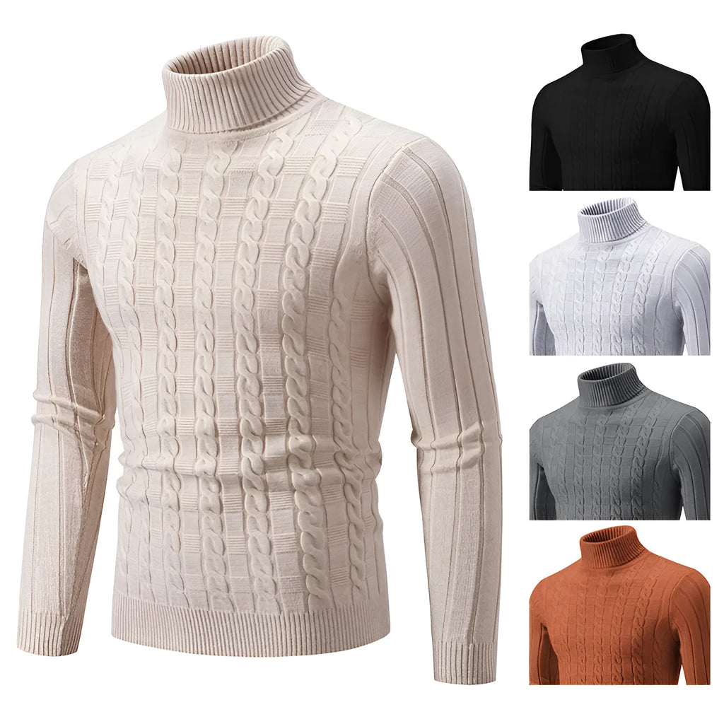Men's slim fit twist turtleneck pullover sweater in chenille spandex fabric on a model.