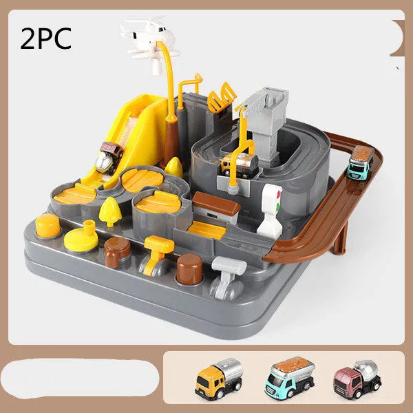 Big Adventure plastic toy set with multi-level parking garage, car tracks, and toy vehicles laid out for play.