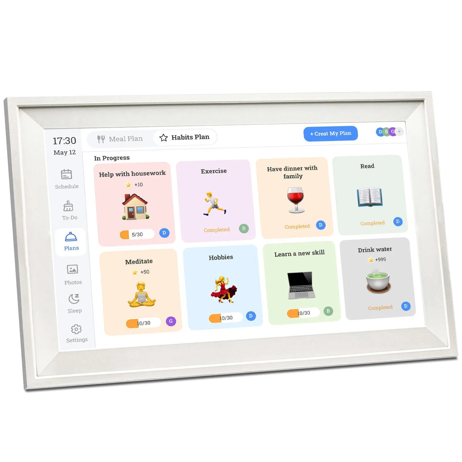 White 15.6 inch smart digital photo frame with app connectivity on wooden surface