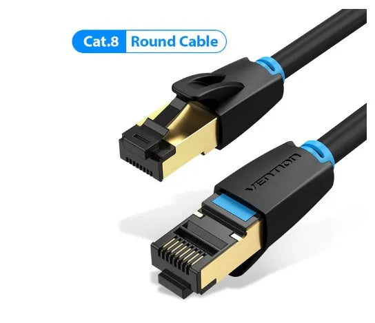 CAT8 10G high-speed Ethernet network cable showing flat and round style options with RJ45 plug.
