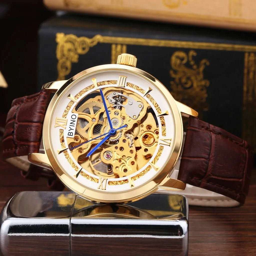 Men's automatic mechanical watch with leather hollow strap and waterproof design, casual style