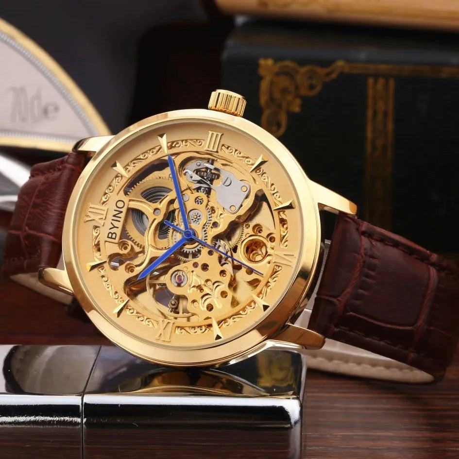 Men's automatic mechanical watch with leather hollow strap and waterproof design, casual style