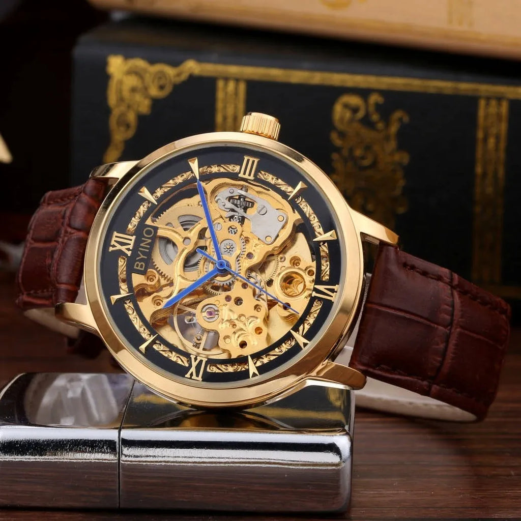 Men's automatic mechanical watch with leather hollow strap and waterproof design, casual style