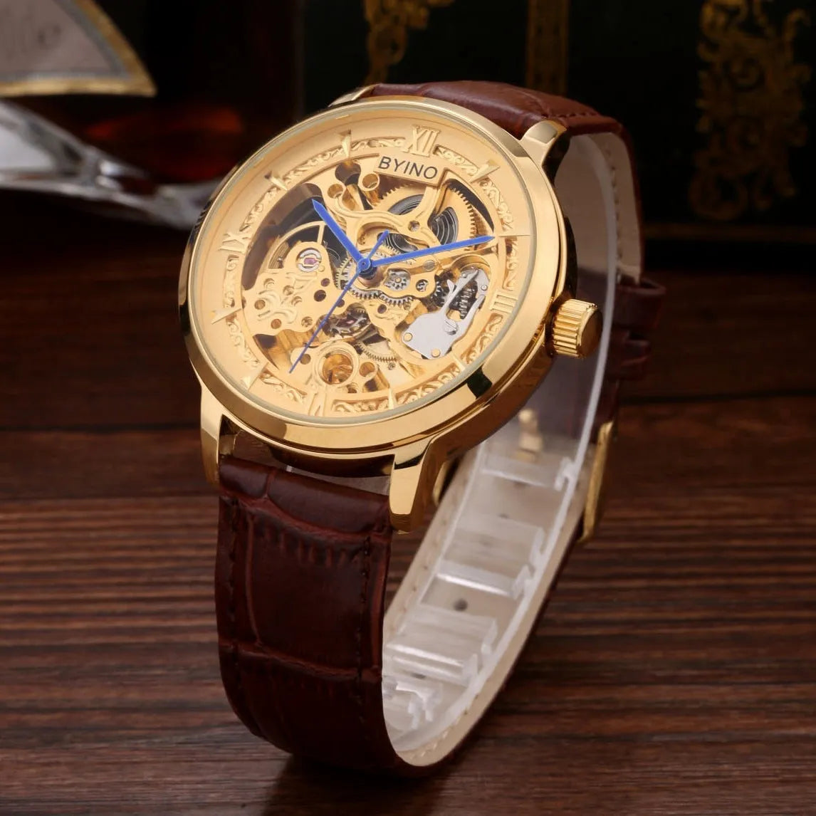 Men's automatic mechanical watch with leather hollow strap and waterproof design, casual style