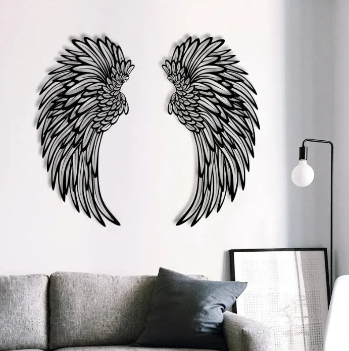 Carved metal wall decor art with light in angel wings shape, black iron, double-sided finish