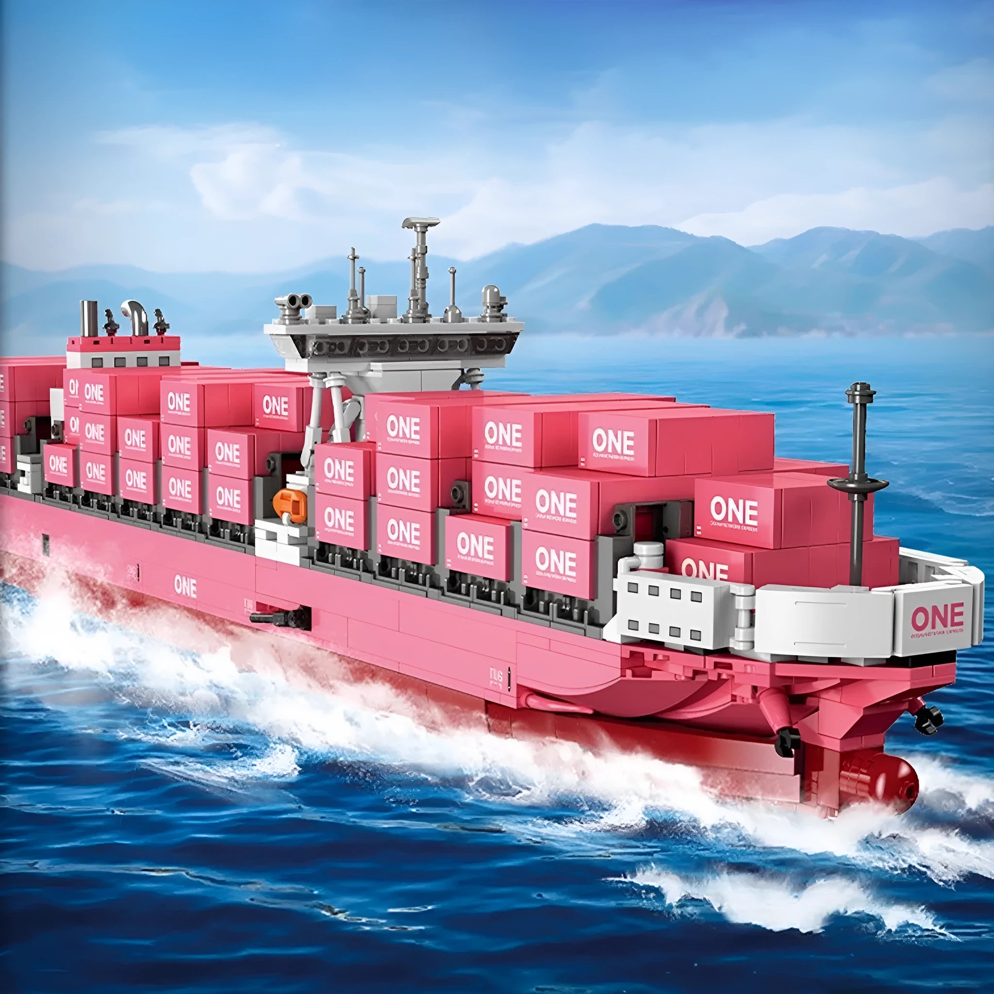 Freighter container ship building blocks in pink colour for teenager assembly