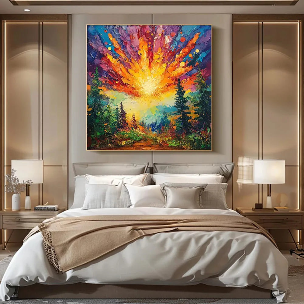 Hand-painted oil painting of sun rising in deep forest with brilliant light, modern landscape canvas art on wall
