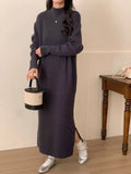 Women's high waist knitted dress in acrylic, long sleeve, mid-length skirt in graphite colour.